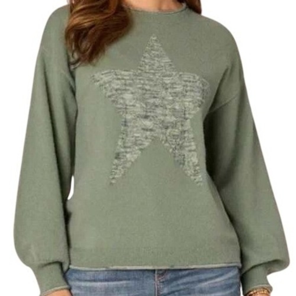 Democracy Space Dye Star Sweater Top Green Blouson Sleeve Ethereal Indie‎ Twee